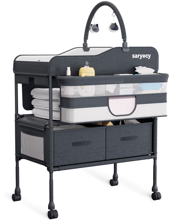 Baby Changing Table with Storage, Versatile Folding Changing Table, Baby Changing Station, Removable Wheels, 4 Adjustable Height, Waterproof, Mobile Nursery for Infant and Newborn