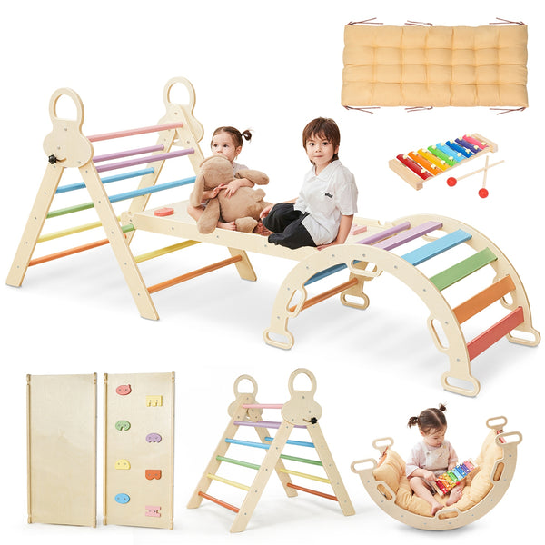 Pikler Triangle Set for Kids, 8 in 1 Colorful Montessori Large Climbing Toys for Toddlers 1-6 Inside with Ramp, Arch and Foldable Triangle, Wooden Child Indoor Playground